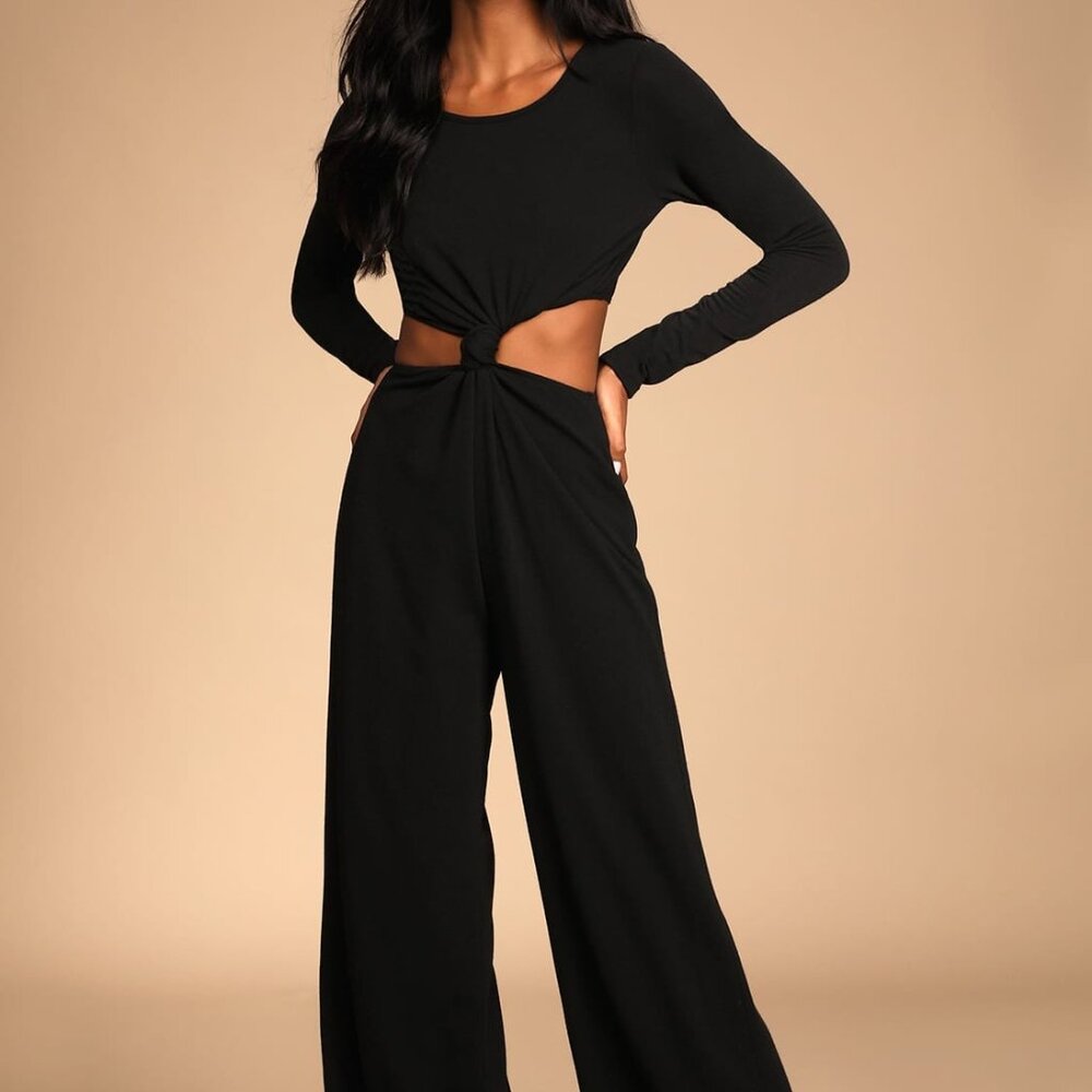 Chose to Chill Black Long Sleeve Cutout Wide-Leg Jumpsuit